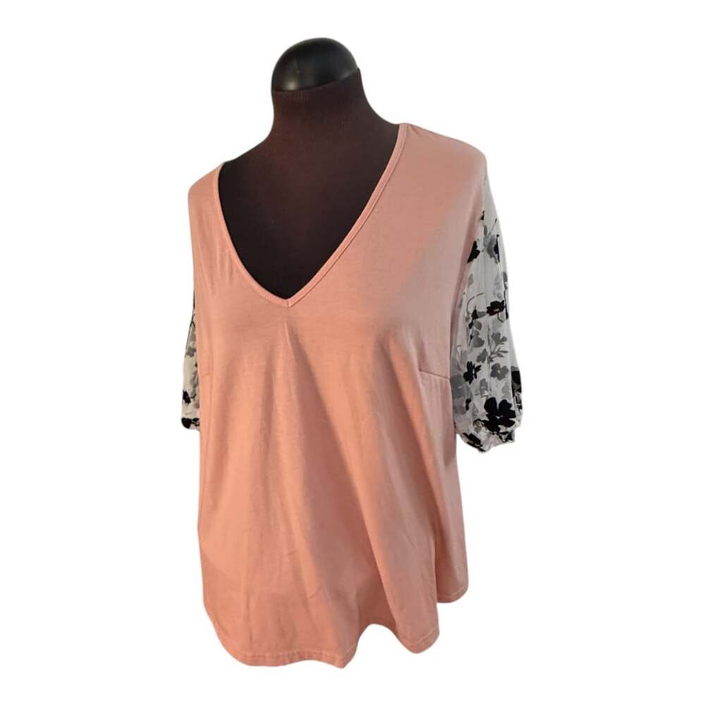 Pink V-Neck Tunic With Sheer Floral Lace Sleeves
